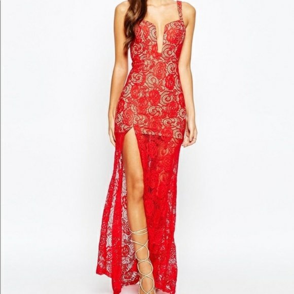 ASOS Love Triangle Red Deep V Floor Length Dress